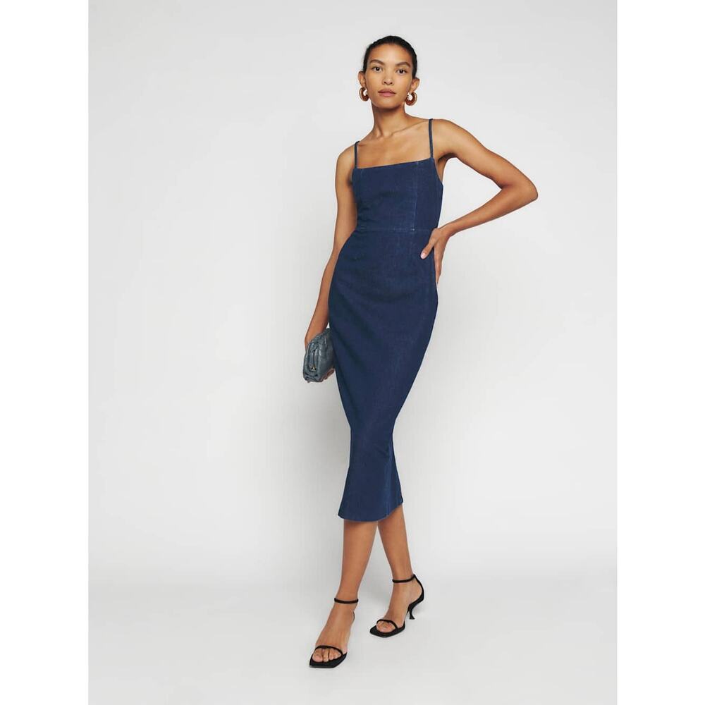 Reformation Women's Delphinia Denim Midi Dress Blue Spaghetti Strap Size 4